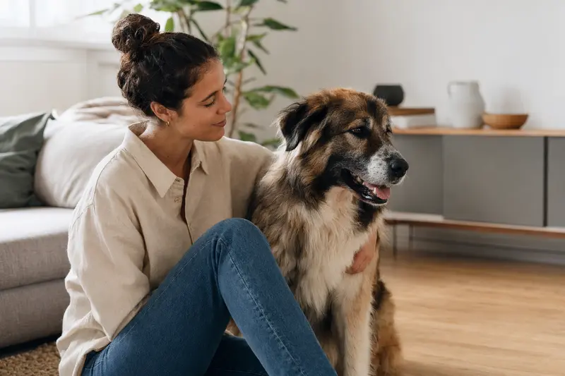 Ein entspannter Estrela Berghund sitzt neben seinem Besitzer in einer modernen Wohnung.