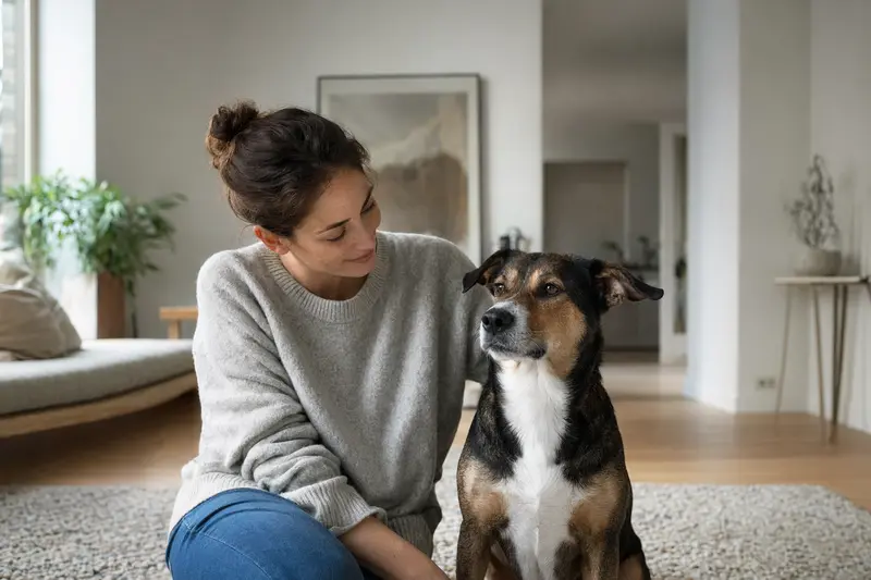 Ein freundlicher Europäisch Kurzhaar sitzt entspannt neben seinem Besitzer in einer modernen Wohnung und strahlt Gesundheit aus.