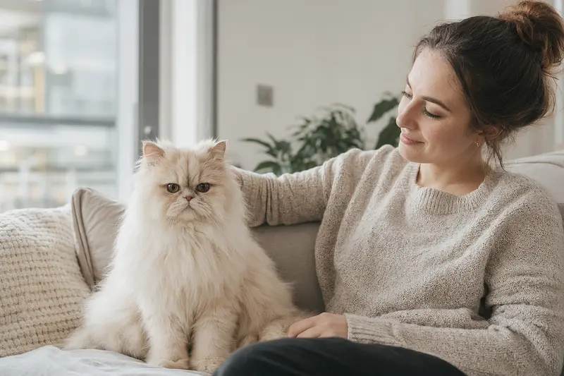 Ein freundlicher Exotic Longhair sitzt entspannt neben seinem Besitzer in einer modernen Wohnung, umgeben von warmem Licht.