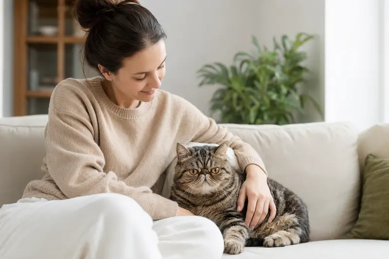 Ein gesunder Exotic Shorthair sitzt entspannt neben seinem Besitzer in einer modernen Wohnung.