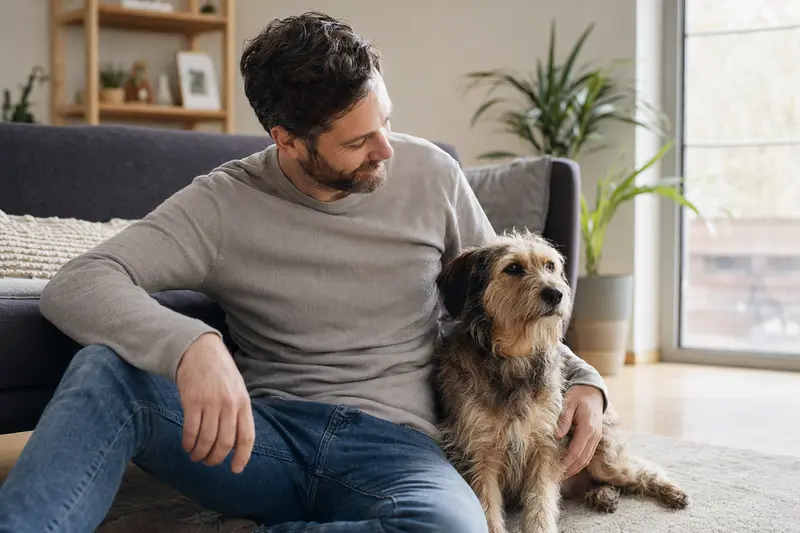 Ein glücklicher Terrier sitzt entspannt neben seinem Halter in einer lichtdurchfluteten Wohnung.