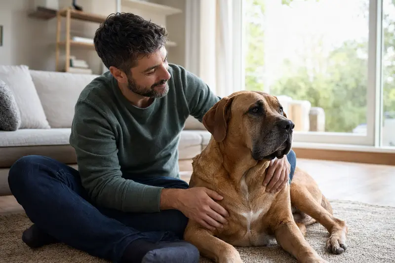 Ein glücklicher Fila Brasileiro sitzt entspannt neben seinem Halter in einer modernen Wohnung.