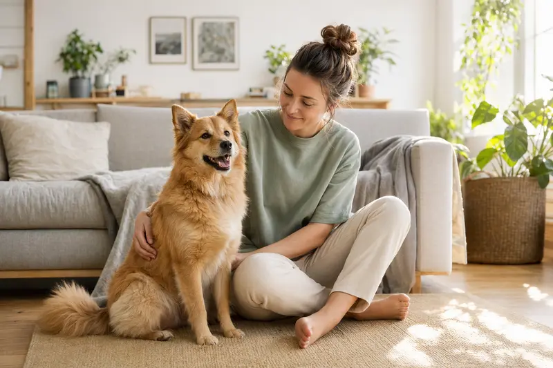 Ein glücklicher Finnenspitz sitzt entspannt neben seinem Halter in einer modernen Wohnung.
