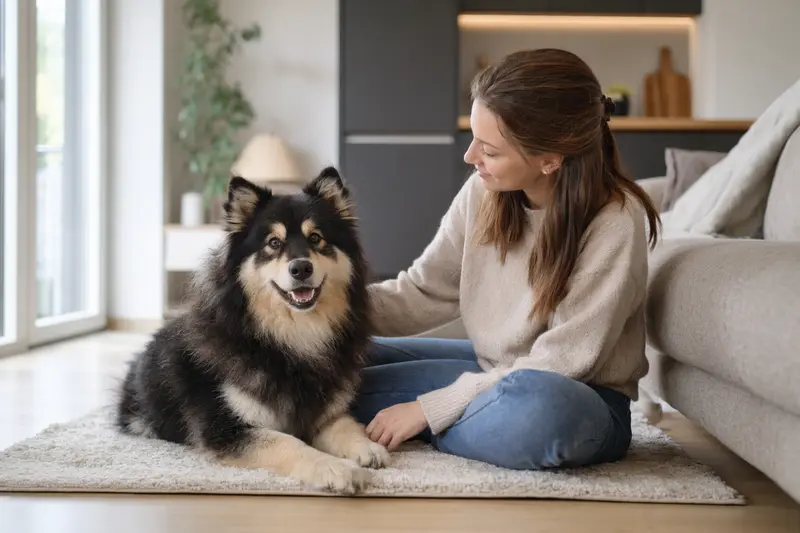 Ein glücklicher Finnischer Lapphund sitzt entspannt neben seinem Halter in einer modernen Wohnung.