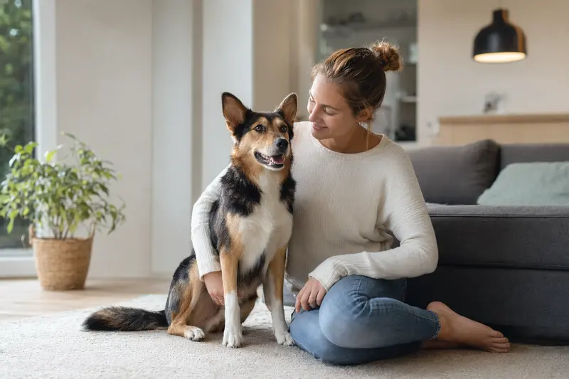 Glücklicher Finnischer Laufhund sitzt entspannt neben seinem Besitzer in einer modernen Wohnung.