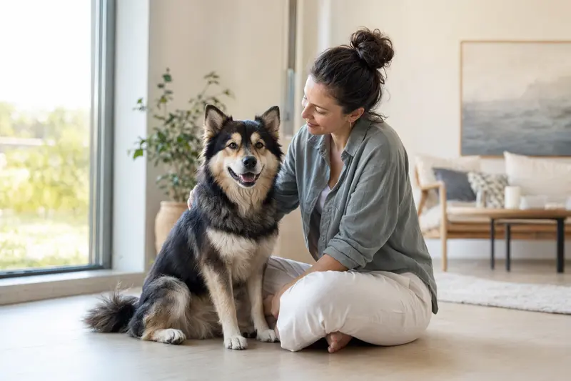 Ein glücklicher Finnischer Rentierhütehund sitzt entspannt neben seinem Besitzer in einem modernen Wohnraum.