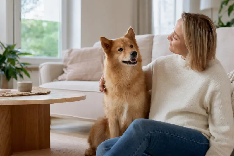 Ein glücklicher Finnischer Spitz sitzt neben seinem Besitzer in einer modernen Wohnung und genießt die entspannte Atmosphäre.