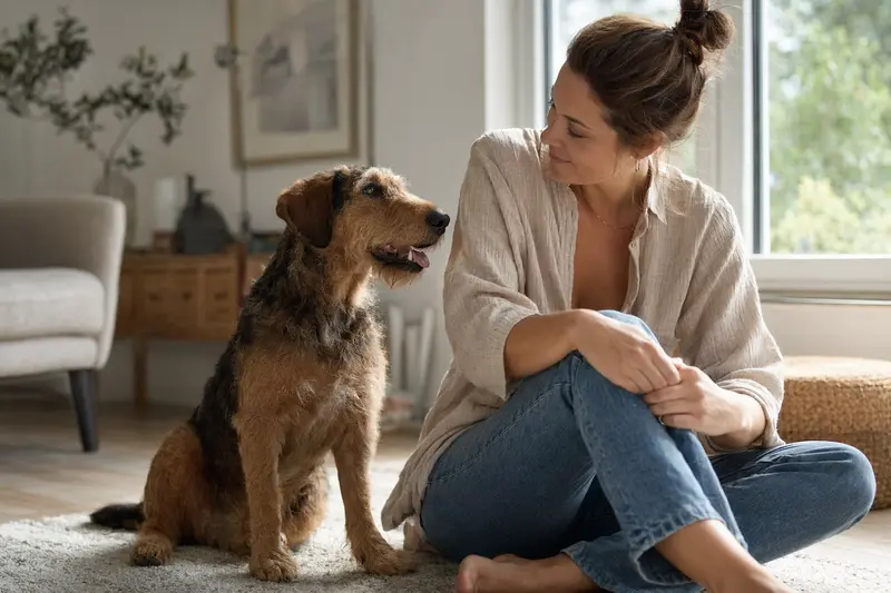 Ein freundlicher Flandrischer Treibhund sitzt entspannt neben seinem Besitzer in einer hellen Wohnung.