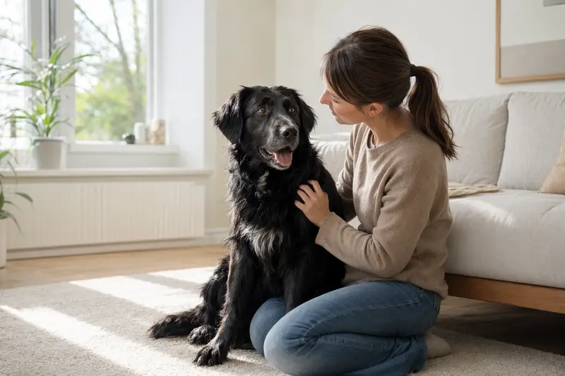 Ein glücklicher Flat Coated Retriever sitzt entspannt neben seinem Besitzer in einer modernen Wohnung und strahlt Zufriedenheit aus.