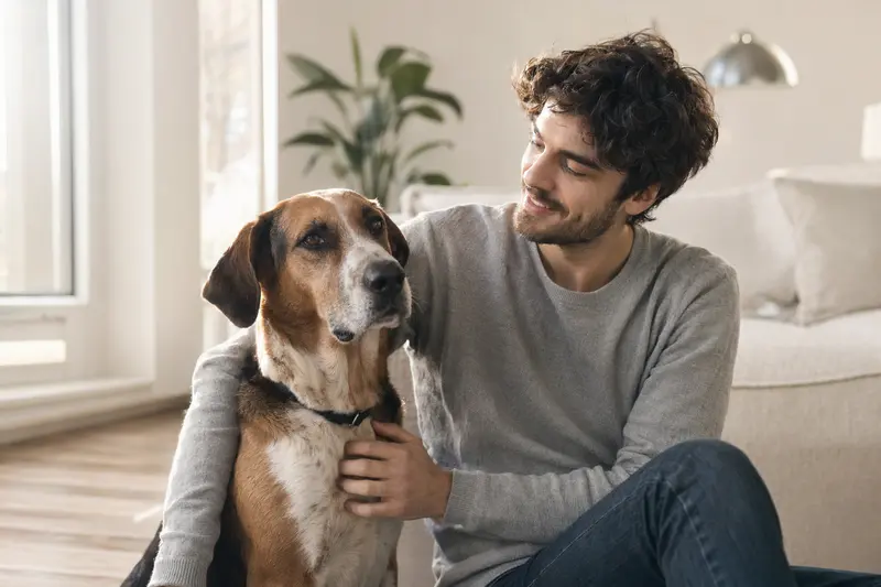 Ein entspannter Foxhound sitzt neben seinem Halter in einer hellen Wohnung.