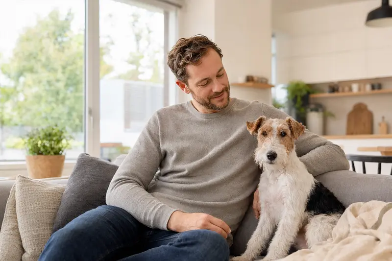 Ein glücklicher Foxterrier (Drahthaar) sitzt entspannt neben seinem Halter in einer hellen modernen Wohnung und vermittelt Vertrauen zum Thema Hundeversicherung.