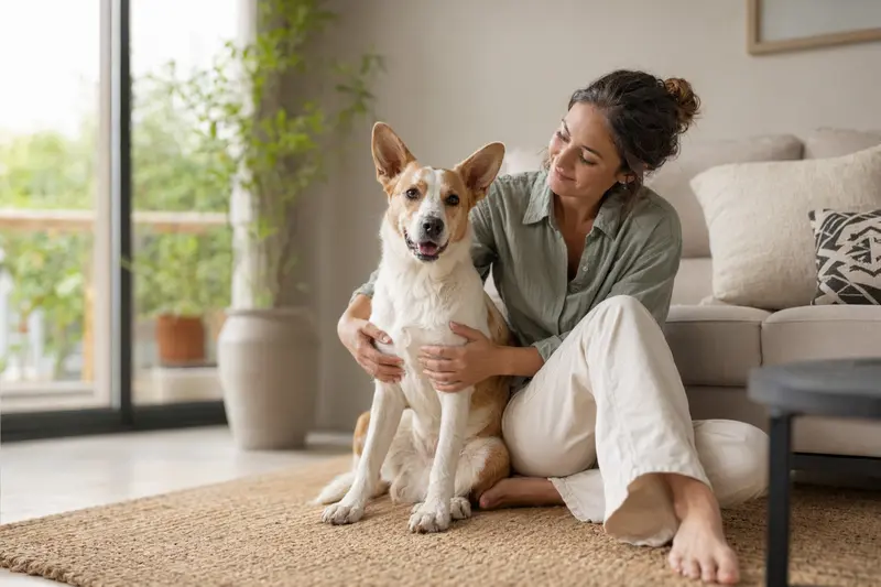 Ein glücklicher Francais blanc et orange sitzt entspannt neben seinem Besitzer in einer hellen Wohnung und vermittelt eine vertrauensvolle Atmosphäre rund um die Hundekrankenversicherung.