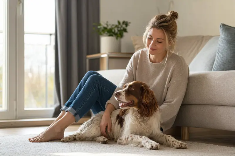 Ein entspannter Französischer Spaniel sitzt neben seinem Halter in einer modern eingerichteten Wohnung, umgeben von warmem Licht.