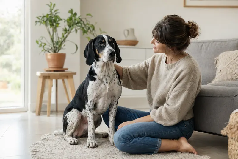 Ein glücklicher französischer Laufhund sitzt entspannt neben seinem Besitzer in einer modernen Wohnung.