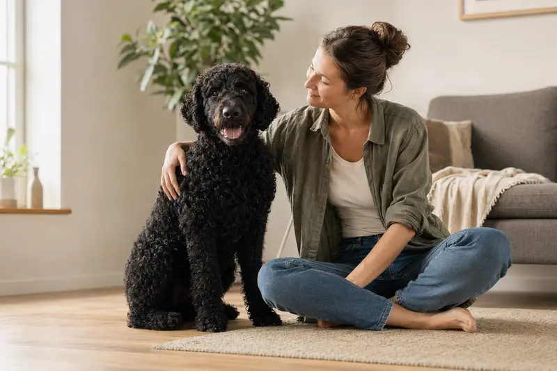 Ein freundlicher Friesischer Wasserhund sitzt entspannt neben seinem Halter in einer modernen Wohnung.