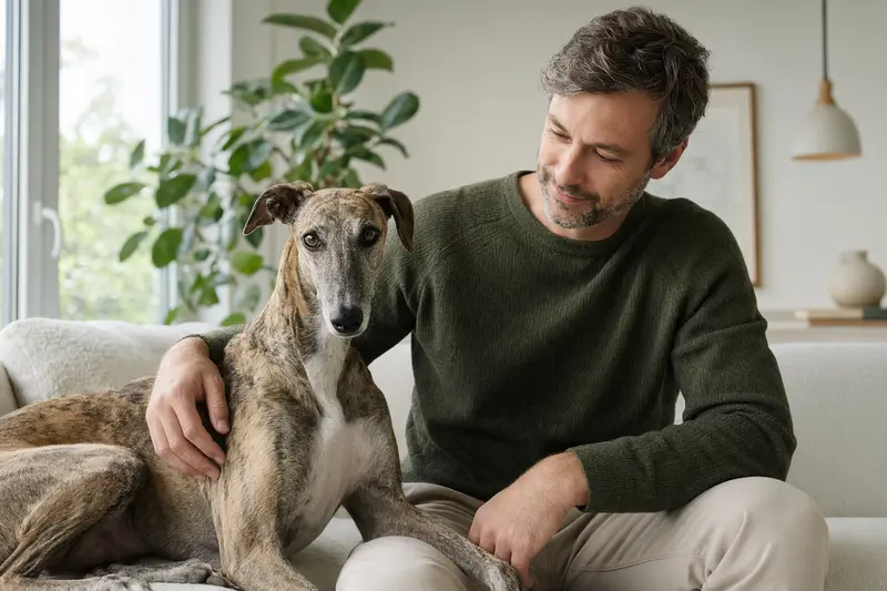 Ein glücklicher Galgo Español sitzt entspannt neben seinem Halter in einer hellen modernen Wohnung, umgeben von warmem natürlichem Licht.