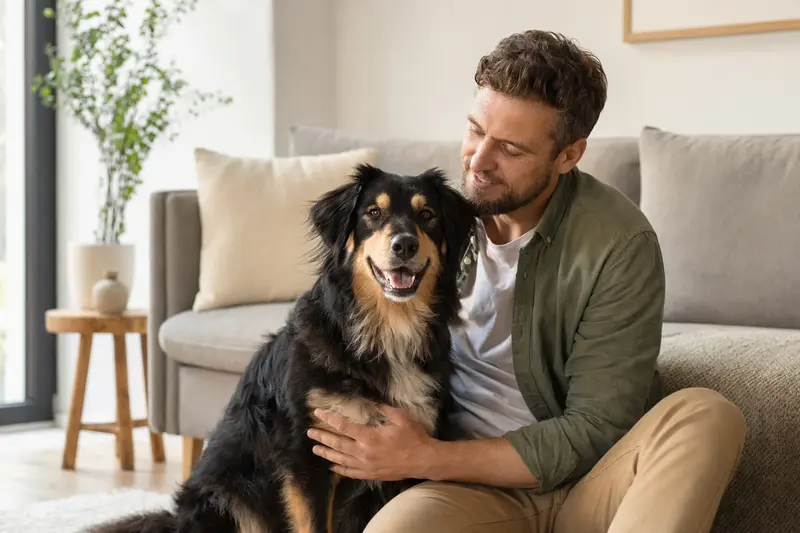 Ein zufriedener Germanischer Bärenhund entspannt neben seinem Halter in einer modernen Wohnung.