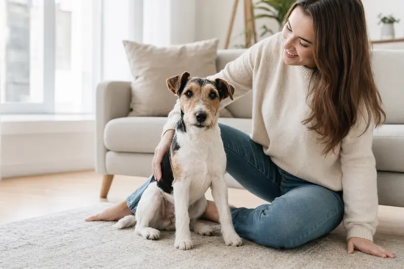 Ein glücklicher Glatthaar-Foxterrier sitzt entspannt neben seinem Halter in einer modernen Wohnung.