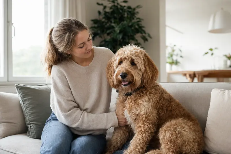 Ein entspannter Goldendoodle sitzt neben seinem Besitzer in einer hellen Wohnung und vermittelt eine vertrauensvolle Atmosphäre.