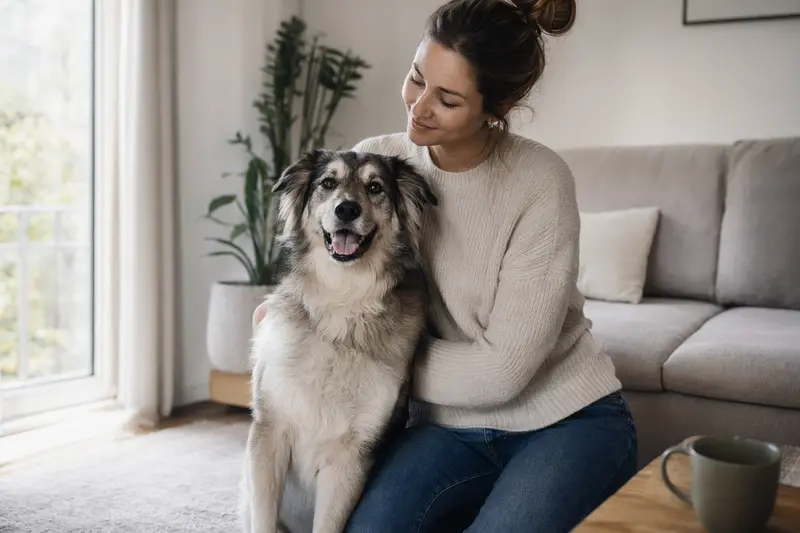 Ein glücklicher Goralenhund sitzt entspannt neben seinem Besitzer in einer modernen Wohnung und strahlt Vertrauen aus.