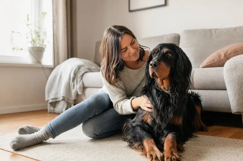 Glücklicher Gordon Setter entspannt neben seinem Besitzer in einer modernen Wohnung.