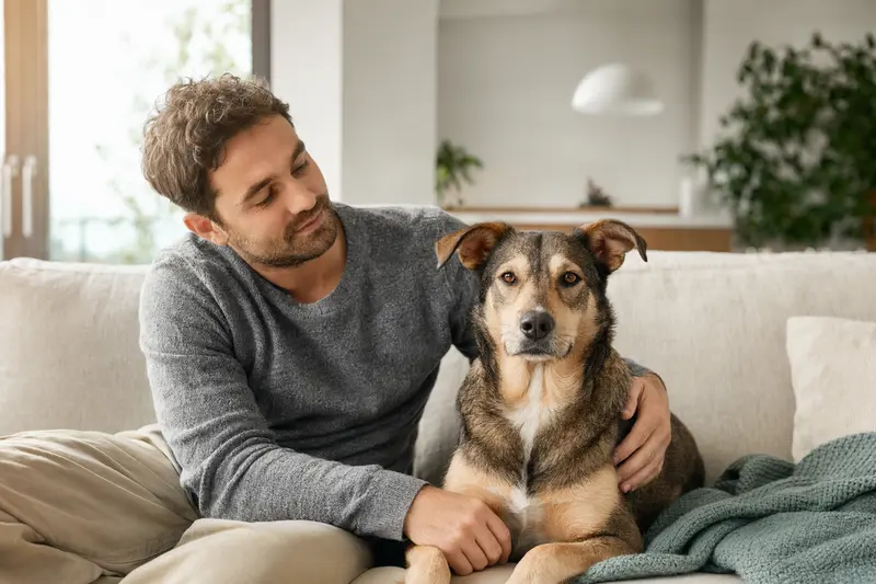 Ein glücklicher Gos Rater Valencia sitzt entspannt neben seinem Halter in einer hellen modernen Wohnung als sympathisches Hero-Bild für Hunderversicherung und Tiergesundheit.