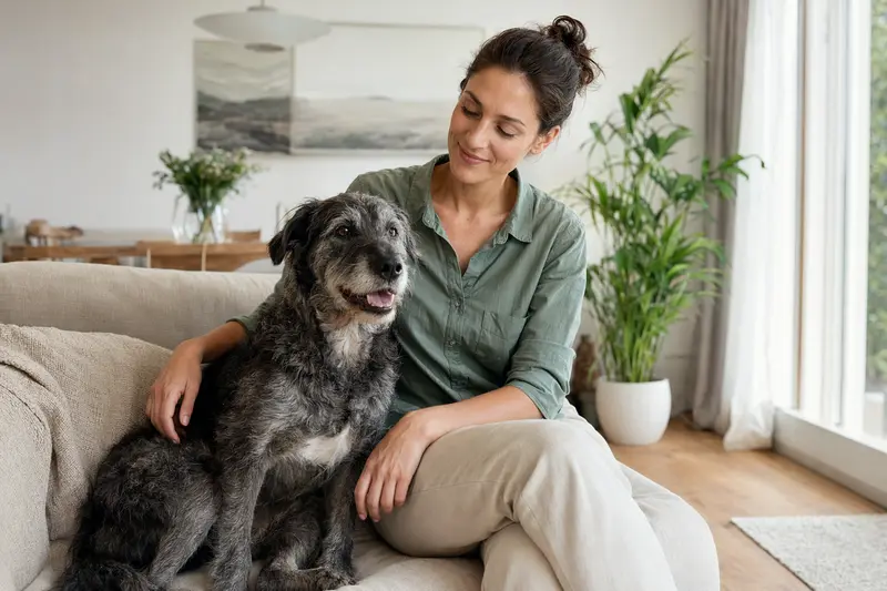 Ein entspannter Grahund sitzt neben seinem Besitzer in einer hellen Wohnung und strahlt Vertrauen aus.
