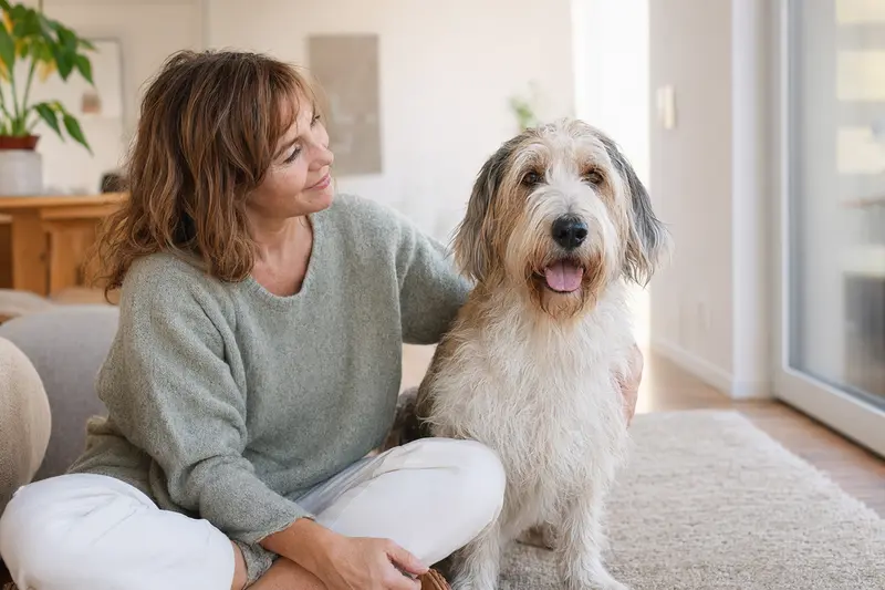 Ein entspannter Grand Basset Griffon Vendeen sitzt neben seinem Besitzer in einer hellen Wohnung und genießt das vertrauensvolle Ambiente.