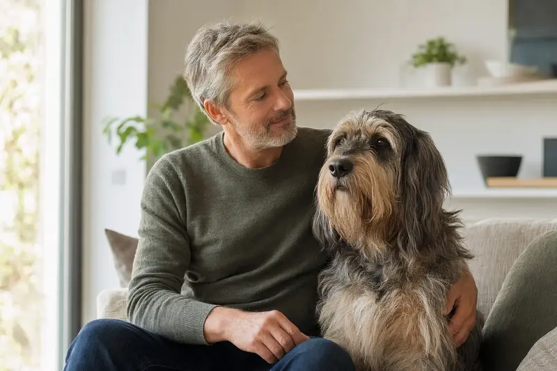 Ein glücklicher Grand Griffon Nivernais sitzt entspannt neben seinem Besitzer in einer modernen Wohnung.