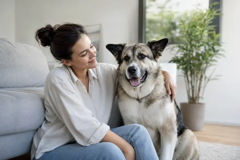 Ein entspannter Great Japanese Dog sitzt neben seinem glücklichen Besitzer in einer modernen Wohnung.