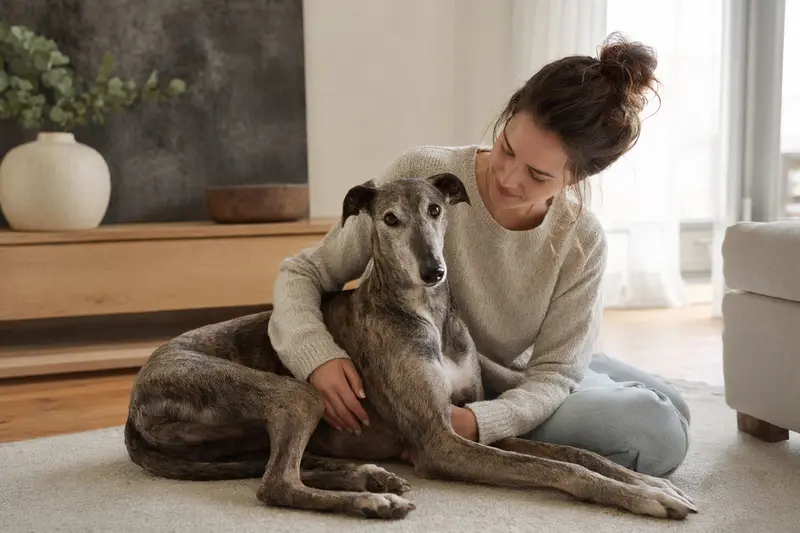 Ein entspannter Greyhound sitzt neben seinem Besitzer in einer modernen Wohnung und genießt die vertrauensvolle Atmosphäre.