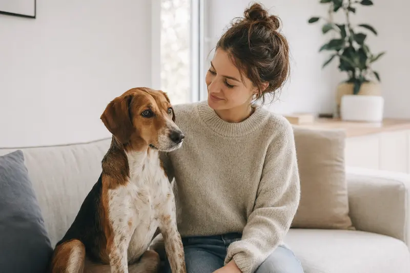 Ein glücklicher Hund sitzt entspannt neben seinem Besitzer in einer hellen Wohnung.
