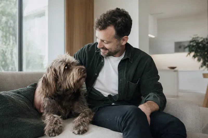Ein entspannter Griffon sitzt neben seinem Besitzer in einer modernen Wohnung und strahlt Glück aus.
