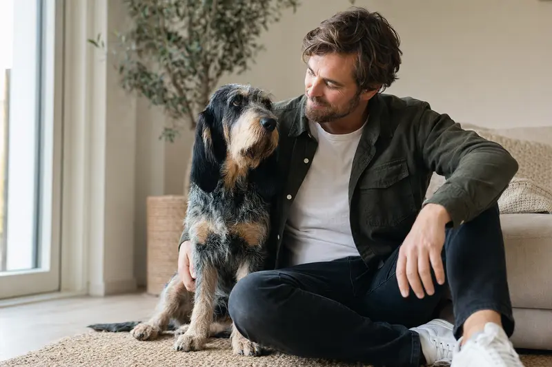 Ein entspannter Griffon Bleu de Gascogne sitzt neben seinem Besitzer in einer modernen Wohnung und strahlt Vertrauen aus.