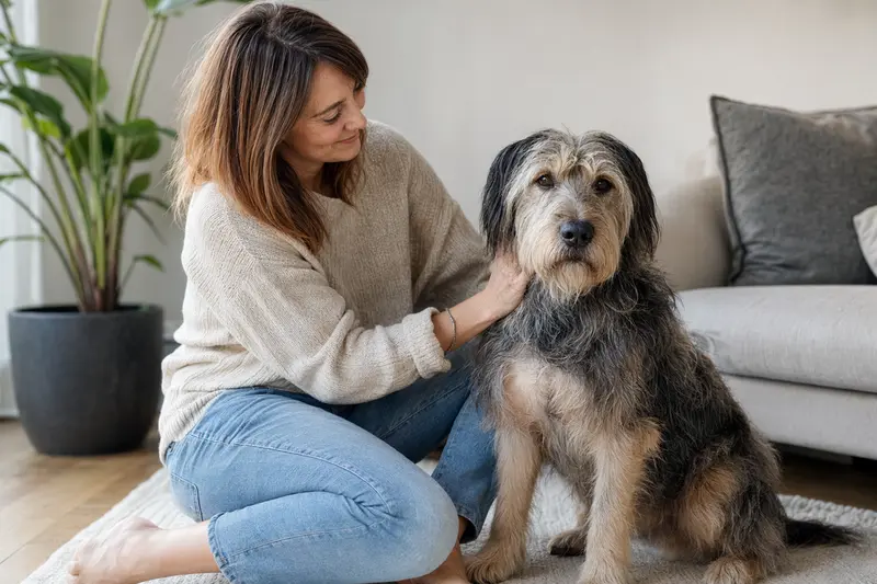 Ein glücklicher Griffon Nivernais sitzt entspannt neben seinem Besitzer in einer modernen Wohnung und genießt die vertrauensvolle Atmosphäre.