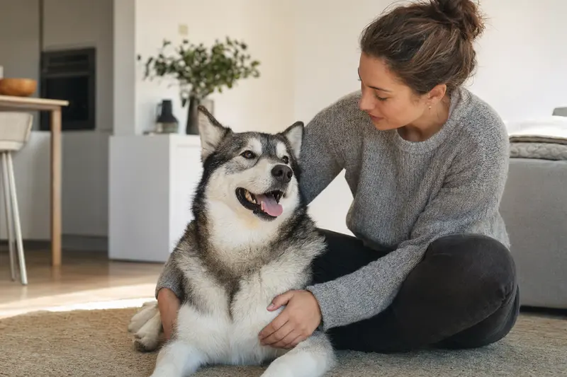 Ein entspannter Grönlandhund sitzt neben seinem Halter in einer modernen Wohnung und strahlt Glück aus.