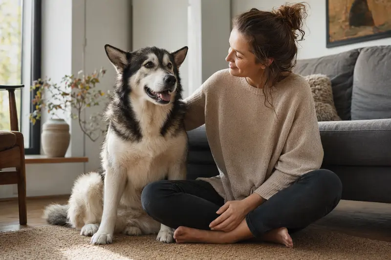 Ein entspannter Grönlandshund sitzt neben seinem Besitzer in einer hellen, modernen Wohnung und strahlt Vertrauen aus.