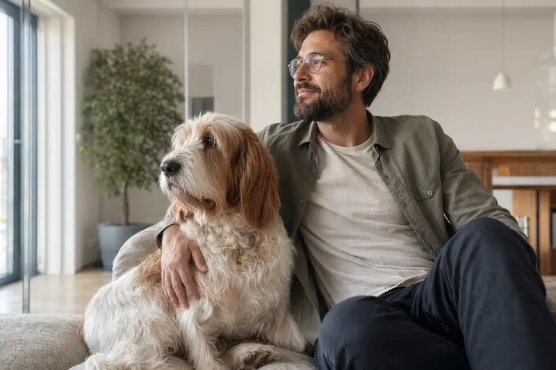 Ein gesunder Großer Basset Griffon Vendéen entspannt neben seinem Besitzer in einer modernen Wohnung.