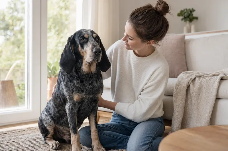 Ein glücklicher Großer Blauer Gascogner Laufhund sitzt entspannt neben seinem Besitzer in einer modernen Wohnung.