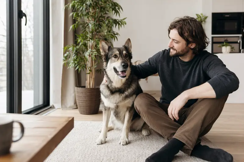 Ein entspannter Großer Japanischer Hund sitzt neben seinem Halter in einer hellen, modernen Wohnung und genießt die vertrauensvolle Atmosphäre.
