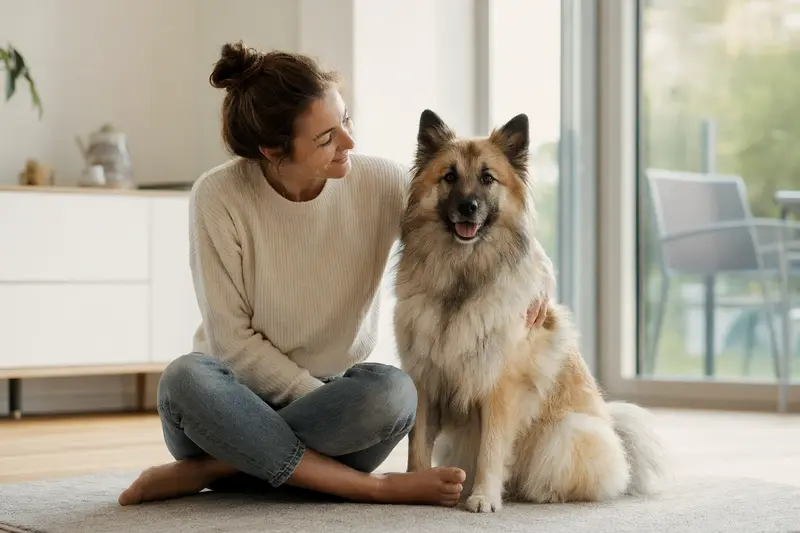 Ein glücklicher Großspitz sitzt entspannt neben seinem Besitzer in einer modern gestalteten Wohnung.