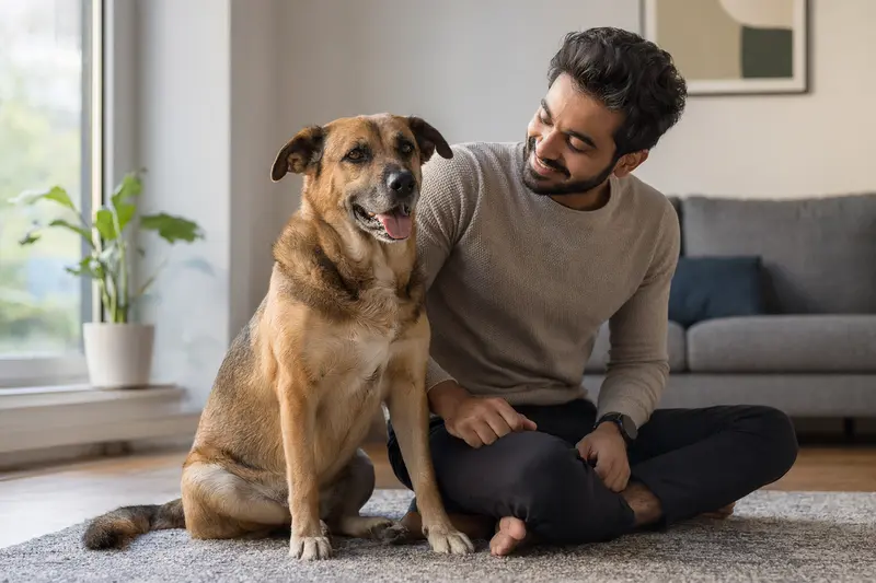Ein glücklicher Gujjar Watchdog sitzt entspannt neben seinem Besitzer in einer modernen Wohnung und strahlt Vertrauen aus.