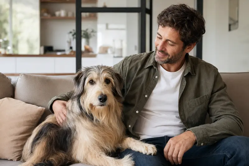 Ein entspannter Hairy Mou ed Collie sitzt neben seinem Besitzer in einer modernen Wohnung und strahlt Zufriedenheit aus.