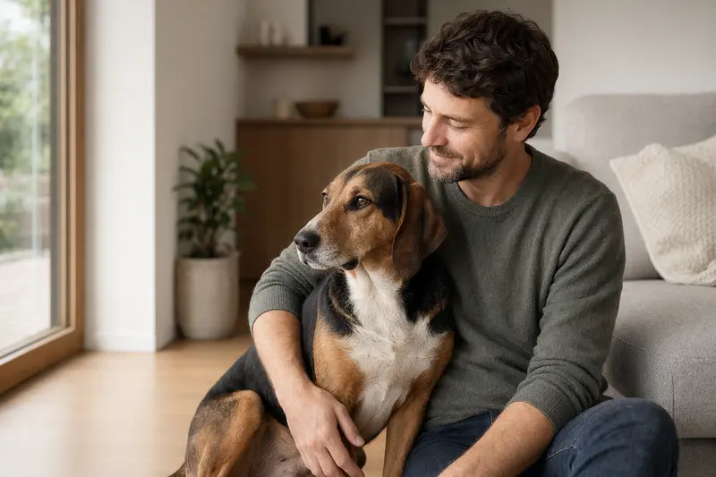 Ein glücklicher Halden-Stövare sitzt entspannt neben seinem Besitzer in einer hellen Wohnung.