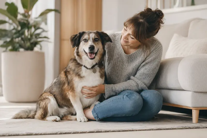 Ein entspannter Haldenlaufhund sitzt neben seinem Besitzer in einer modernen Wohnung und strahlt Glück aus.