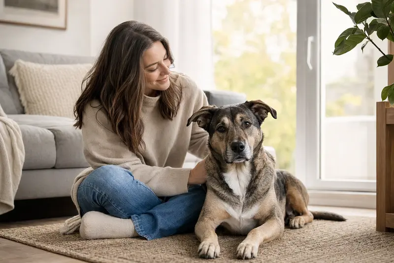 Ein glücklicher Haldenstoever sitzt entspannt neben seinem Besitzer in einer hellen, modernen Wohnung.