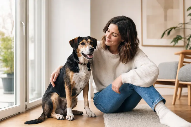 Ein glücklicher Hamilton-Laufhund sitzt entspannt neben seinem Besitzer in einer hellen, modernen Wohnung.