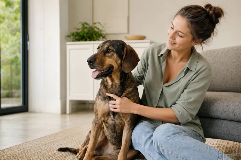 Ein glücklicher Hannoverscher Schweißhund sitzt entspannt neben seinem Halter in einer modernen Wohnung.