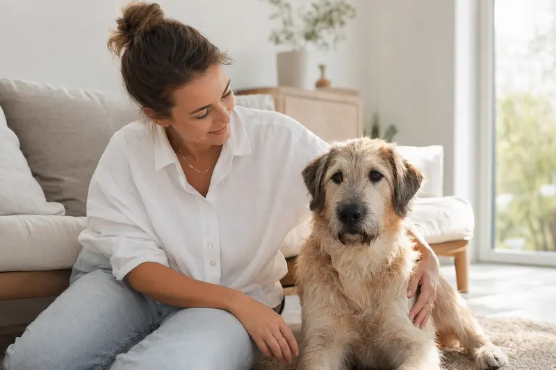 Ein glücklicher Poitou-Hund sitzt entspannend neben seinem Besitzer in einer modernen Wohnung.