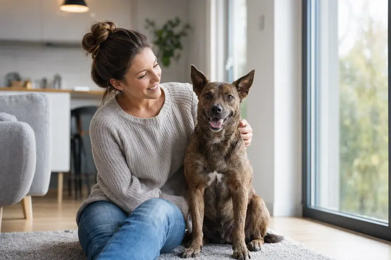 Ein zufriedener Hawaiian Poi Dog sitzt entspannt neben seinem Halter in einer modernen Wohnung.